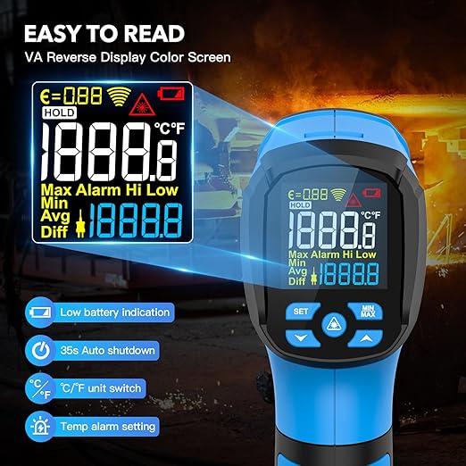 Infrared Thermometer Temperature Gun, -40℉ to 2192℉ Dual Laser High Temp Thermometer with LCD Color Display, Non-Contact Industrial Pyrometer 50:1 Distance Ratio, Adjustable Emissivity