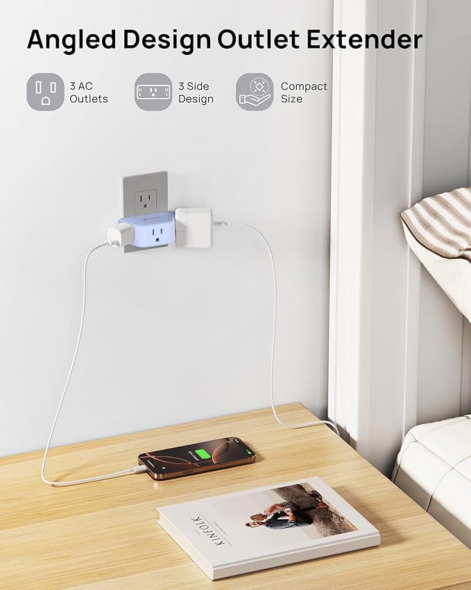 TROND Outlet Extender, 3 Way Angled Wall Plug Splitter, 3-Prong Grounded Outlet Adapter, Cruise Essentials, Compact and Practical Plug Expander for Home Decoration Travel Essentials, Blue