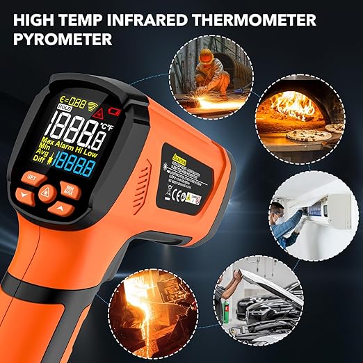 -40℉~3632℉, MESTEK Infrared Thermometer Temperature Gun, High Temp Thermometer with Thermocouple Probe, Non-Contact 50:1 Pyrometer Dual Laser Thermometer Gun for Engine, Kiln, Forging, Industrial
