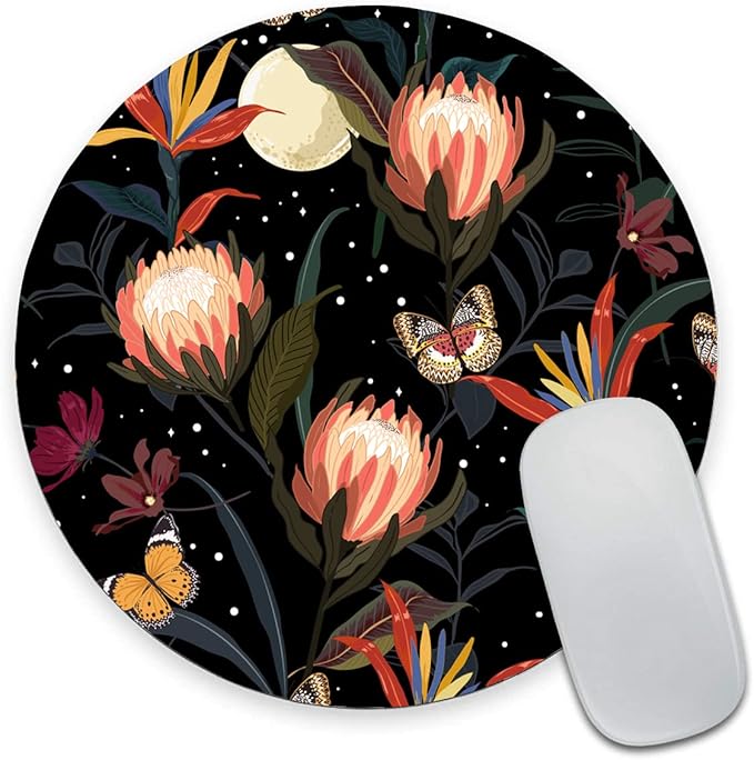 Mouse Pad Round, Cute Mouse Pad with Design, Floral Butterfly Mouse Mat, Non-Slip Rubber Base Mousepad, Waterproof Women Office Computer Mouse Pads