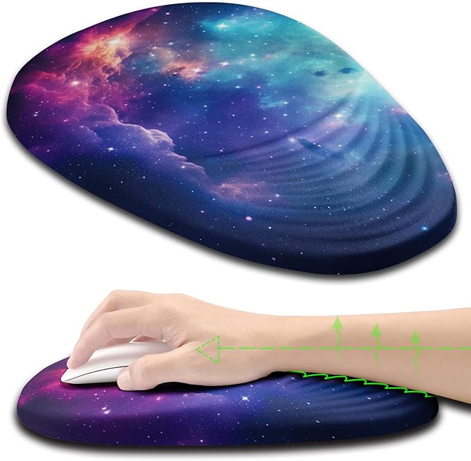 Ergonomic Mouse Pad Wrist Support, Mouse Pad with Wrist Rest, Entire Memory Foam & Non-Slip PU Base MousePads with Stepped-Wedge Design for Pain Relief, Desk, Office, Home, Galaxy
