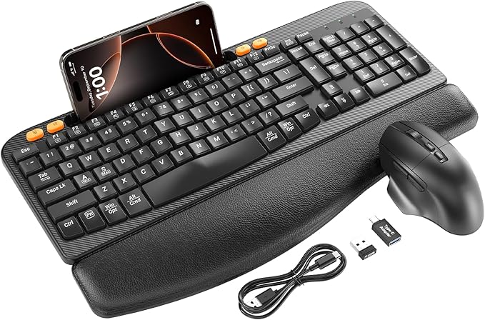 Wireless Keyboard and Mouse Combo, Ergonomic Wave Keys, Cushioned Plam Rest, Rechargeable, Phone Holder, Natural Typing, 2.4G Lag-Free, Full Size Keyboards Cordless Set for Windows/Mac -SABLUTE