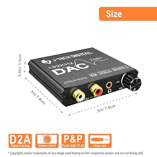Digital to Analog Audio Converter with Headphone Amplifier & Bass Control by J-Tech Digital | 192kHz 24bit Optical Coaxial RCA 3.5mm