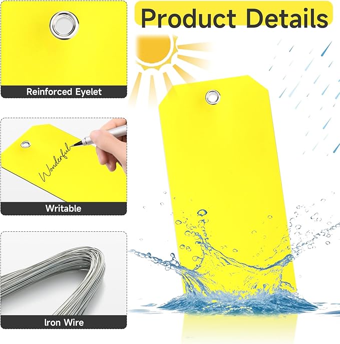 100 Pcs Waterproof Tags Writable Plastic Tags for Labeling Tag with Wire Tie Large Heavy Duty Tags Moving Tags Pipe Tags for Outdoors Car Garage Storage Box Equipment Parts (Yellow, 6 1/4" x 3 1/8")