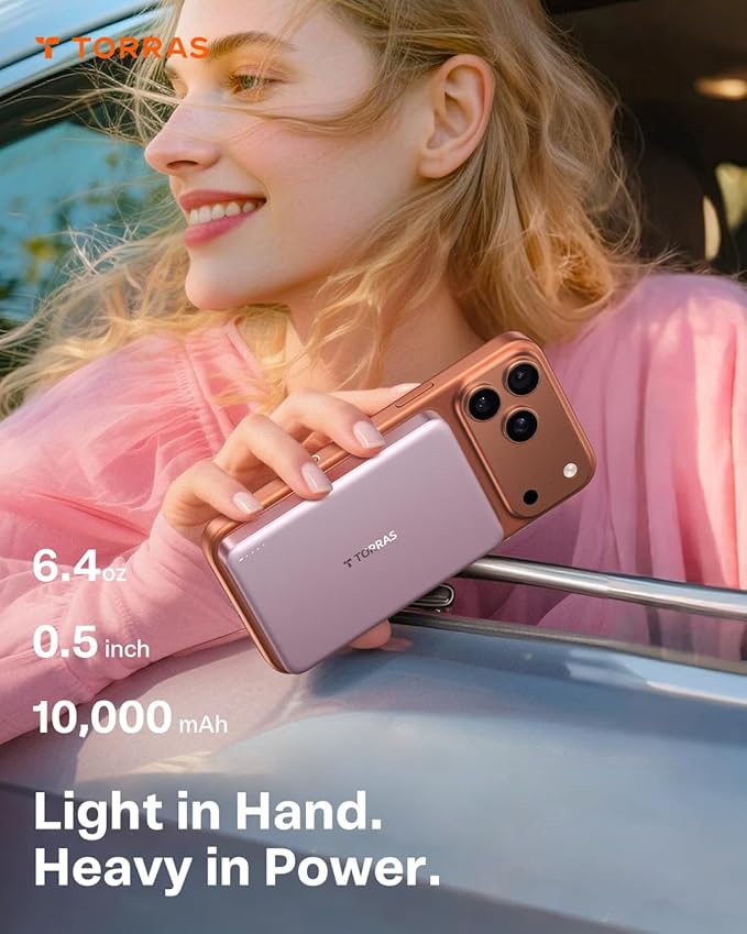 TORRAS MiniMag Power Bank,Ultra-Slim 10,000mAh Magnetic Wireless Portable Charger, 22.5W Fast Charging iPhone Air Magnetic Battery Pack Designed for iPhone 17 Pro Max/17 Pro/Air/16/15/14/13/12, Pink