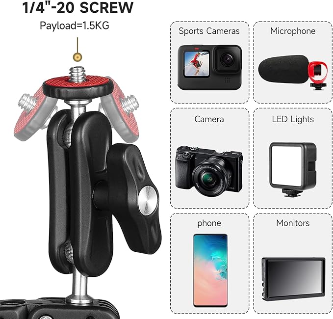 MINIFOCUS Super Clamp Camera Clamp Mount, 360° Ballhead Magic Arm with 1/4" 3/8" Port Extension Holder Adapter, Double Ball Head Adapter for Canon Nikon DSLR GoPro Action Camera Video Light