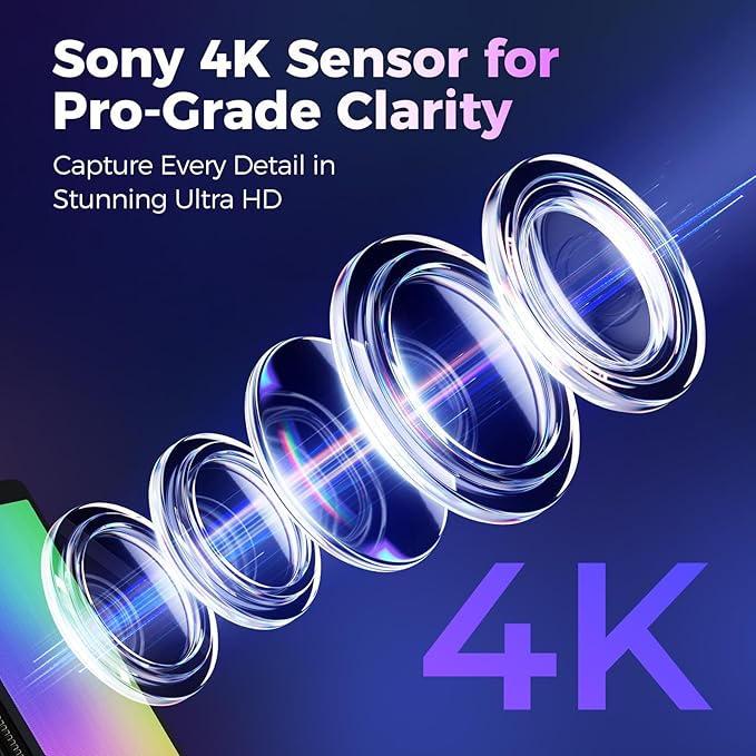 4K Webcam for PC with Microphone & Light & Privacy Cover, Web Camera for Desktop Computer/Laptop/Monitor/Mac, 4K UHD Sony Sensor, PDAF Auto Focus, Dual AI Noise-Cancelling Mics, USB Streaming Camera