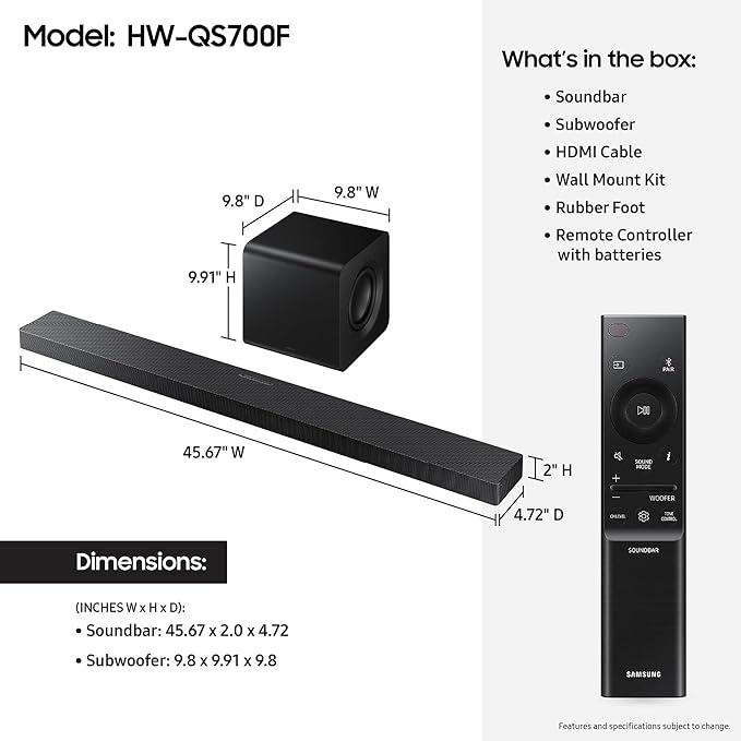 Samsung Q-Series Soundbar HW-QS700F 3.1.2 ch Subwoofer (2025 Model) Convertible Fit, Wireless Dolby Atmos, Q-Symphony