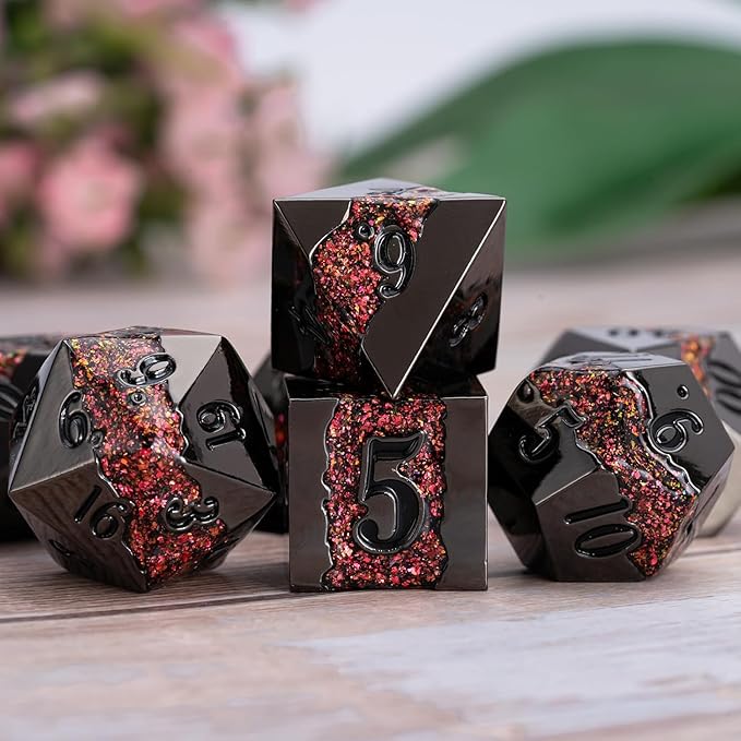 Metal DND Polyhedral Dice,Large Stripe Glitter Metallic Dice Set,Antique Silver Dice 7pcs Set for Role Playing Games(Black Nickel Red)