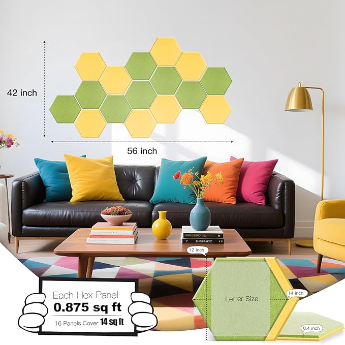 Mollywell Hexagon Acoustic Panels, High Density, Soundproofing, Decorative Noise Reduction Felt Wall Tiles for Ceilings, Home Office & Gaming Room (Yellow and Fruit Green), 14x12x0.4 Inch