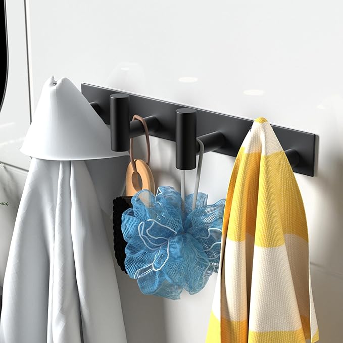 VAEHOLD Hat and Coat Wall Mount Rack - 4 Hooks for Robes, Bags, Keys, and Towels - Bathroom Towel Hanger Organizer -Black