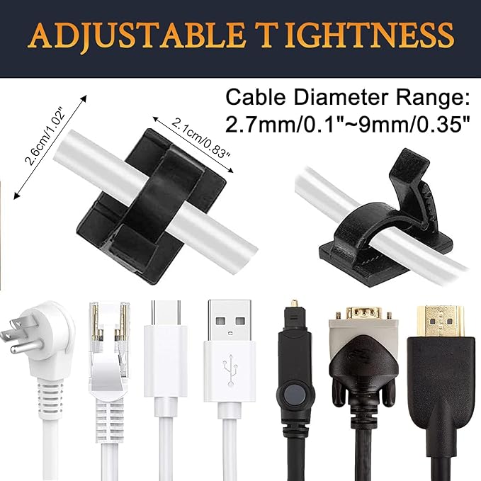 SOULWIT 50Pcs Adjustable Cable Management Clips, Adhesive Organizers Sticky Wire Clips Cord Holder for TV PC Ethernet Under Desk Wall Home Office