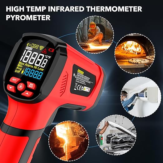 -40℉~2912℉ MESTEK Infrared Thermometer Temperature Gun,50:1 Dual Laser High Temp Thermometer with Thermocouple Probe, Non-Contact Industrial Pyrometer for Engine, Kiln, Forging, Industrial Use