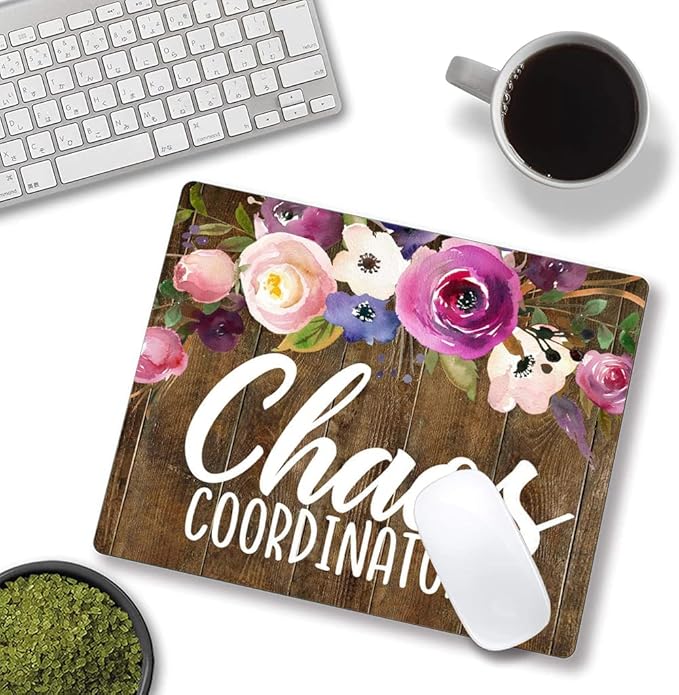 Mouse Pad, Chaos Coordinator Quotes Vintage Watercolor Floral Mouse Pad, Square Waterproof Mouse Pad Non-Slip Rubber Base MousePad