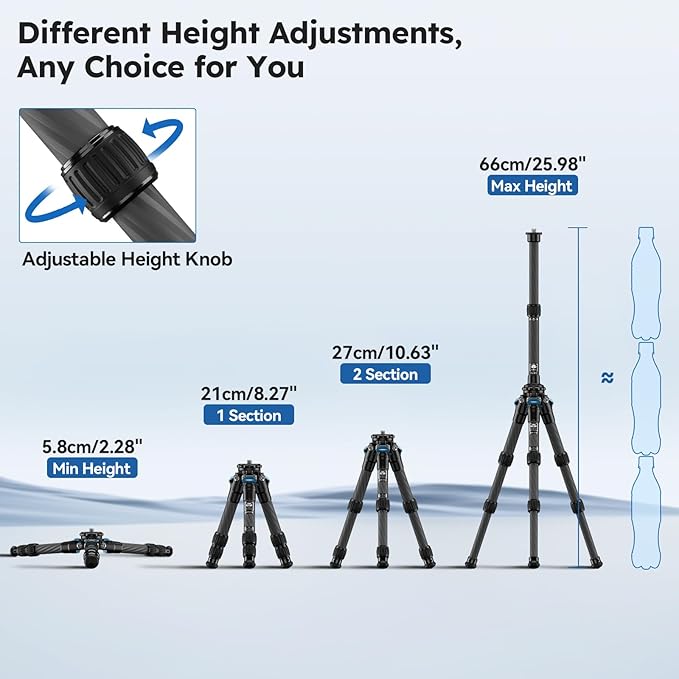 SIRUI Lightweight Carbon Fiber Mini Travel Tripod with Two-Section Center Column, Max Height 26", Supports 22lbs (AM-223+SL-100)
