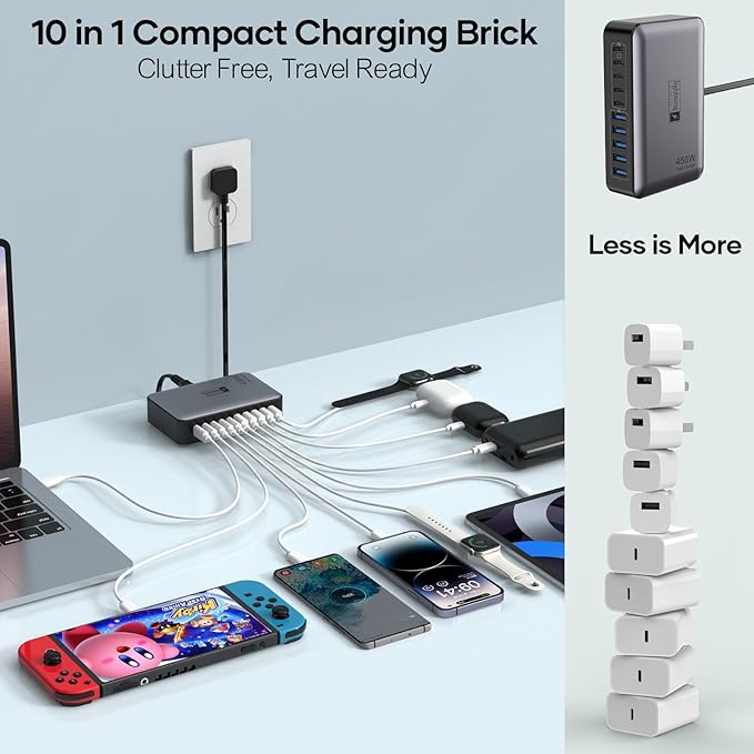 10 Ports USB C Charger Block, 450W USB Charging Station for Multiple Devices, 5 Type C + 5 USB A GaN PD Charger Hub, Compact Power Brick Super Fast Charging for MacBook, Ipad, iPhone, Samsung