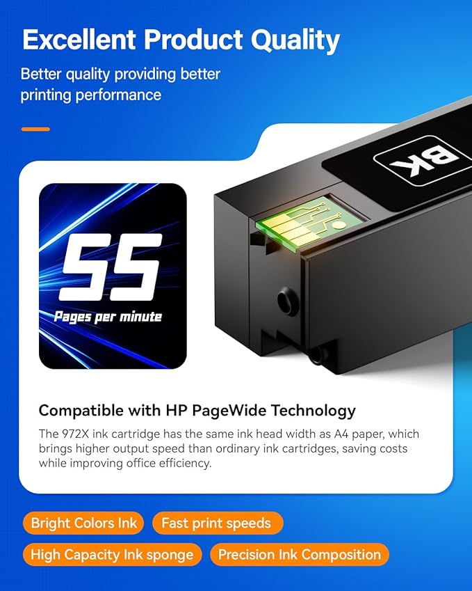 972X Ink Cartridges High Yield 4-Pack with chip Compatible Replacement for HP 972X 972A 972 use with HP Pagewide Pro 477dw 577dw 477dn 452dn 452dw 552dw 577z P55250dw Printer Black Cyan Magenta Yellow