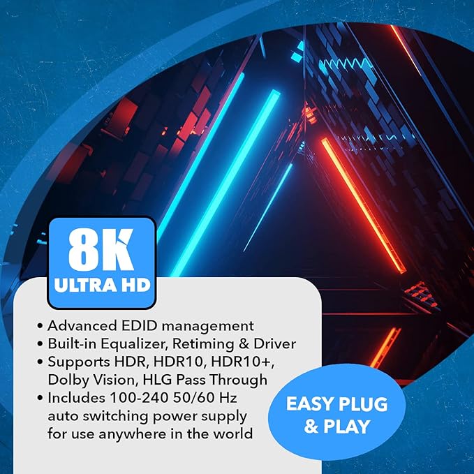 OREI 8K HDMI Splitter 1 X 2, Duplicate with Audio Extractor UltraHD Supports Upto 4K @ 120Hz IR EDID HDCP 2.3 - (BK-102A) (1x2 - Audio Out)