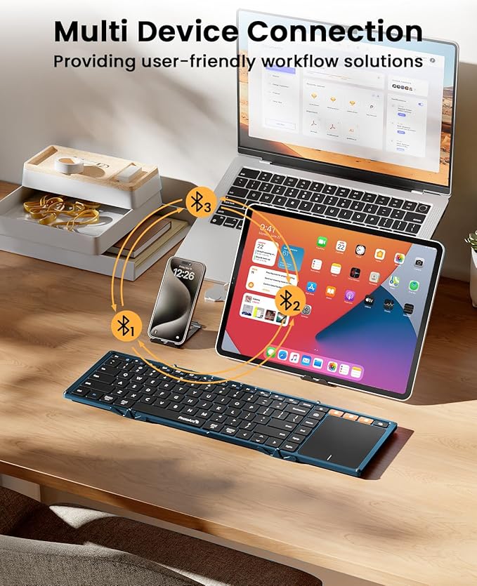 ProtoArc Foldable Keyboard with Touchpad, XK01 TP Folding Portable Keyboard, Full Size Keys, Large Trackpad Bluetooth Travel Keyboards for Laptop PC Tablet - Blue