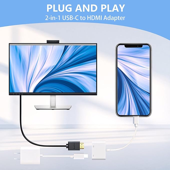 USB C to HDMI for TV, 4K@60Hz Type C to HDMI Adapter with Charging Port, iPhone to Hdmi to USB C Adapter Compatible for iPhone 16/15 Series/iPad Pro/Galaxy/MacBook Pro to HDTV Projector