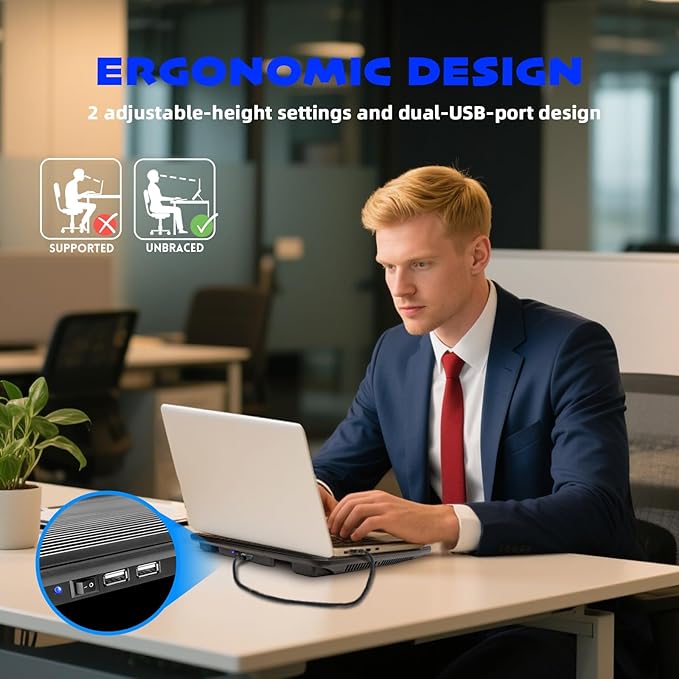 Laptop Cooling Pad, Coolertek USB Powered Laptop Cooler, 2 Blue Silent Big Fans, Height Adjustable Non-Slip Laptop Stand with Dual USB 2.0 Ports, Fits 11-17 Inch Notebook - Black (N2)