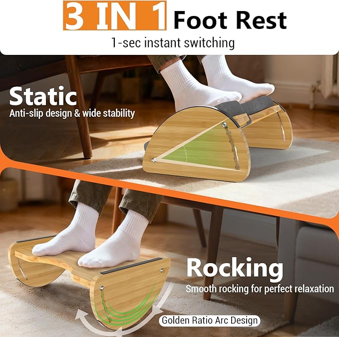 Bamboo Foot Rest for Under Desk at Work - 3-in-1 Reversible Rocking Desk Footrest with Foam Cushion Pad and 6 Adjustable Heights, Ergonomic Foot Rest with Washable Cover for Home, Office and Gaming