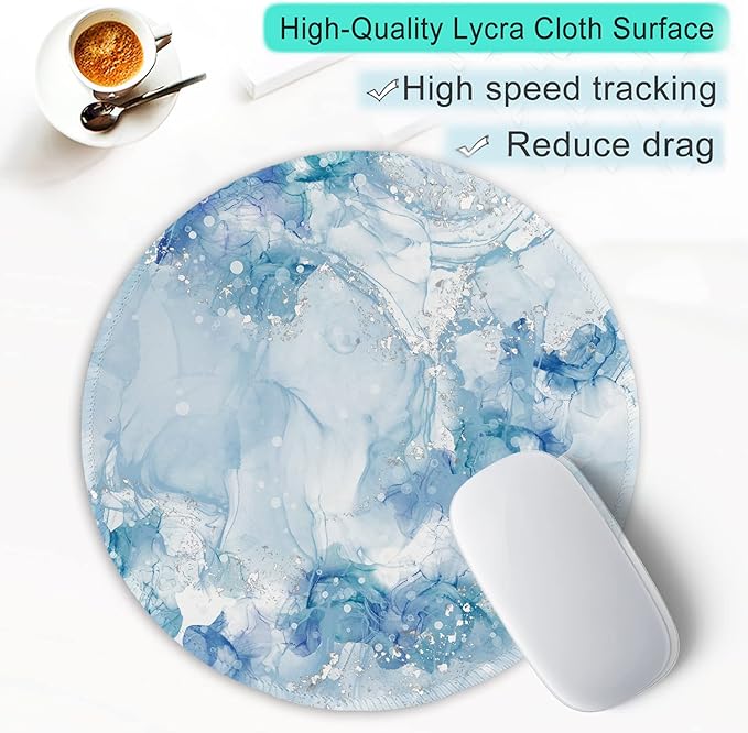 ITNRSIIET Round Mouse Pad with Stitched Edge Premium-Textured Waterproof Non-Slip Rubber Base Desktop Protection Mat Diameter 8.7 inches, Blue Abstract Marble
