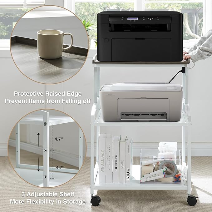 Lauren&Harold 34'' Printer Stand with Power Outlets & USB Ports, 3-Tier Adjustable Rolling Cart, Heavy Duty 150LBS Storage Table with Wheels for Office, Kitchen, Living Room, White