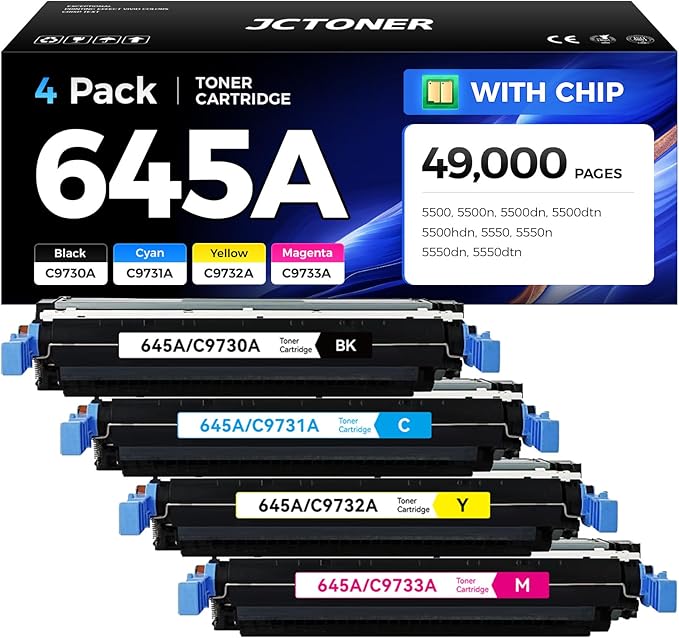 645A Toner Cartridge Set 4-Pack High Yield Replacement for HP 645A C9730A C9731A C9732A C9733A Compatible with HP Color LaserJet 5500 5500n 5500dn 5500dtn 5500hdn 5550 5550n 5550dn 5550dtn Printer Ink