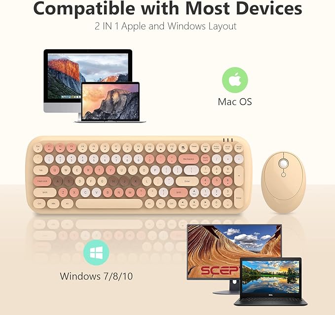 KNOWSQT Wireless Keyboard and Mouse Combo, Light Milktea 100 Keys 2.4 GHz Round Keycap Typewriter Ctue Keyboards, USB Receiver Plug and Play, for Windows, PC, Laptop, Computer, Desktop