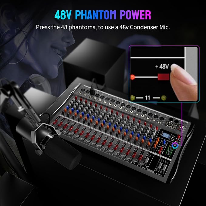 Professional DJ Audio Mixer,NEW BAXS 16 Channel DJ Bluetooth Controller Sound Mixer,USB Interface,16 XLR Mic/Line Input,AUX,FX Processor MP3 Player,+48V Phantom For Karaoke Studio Streaming Recording