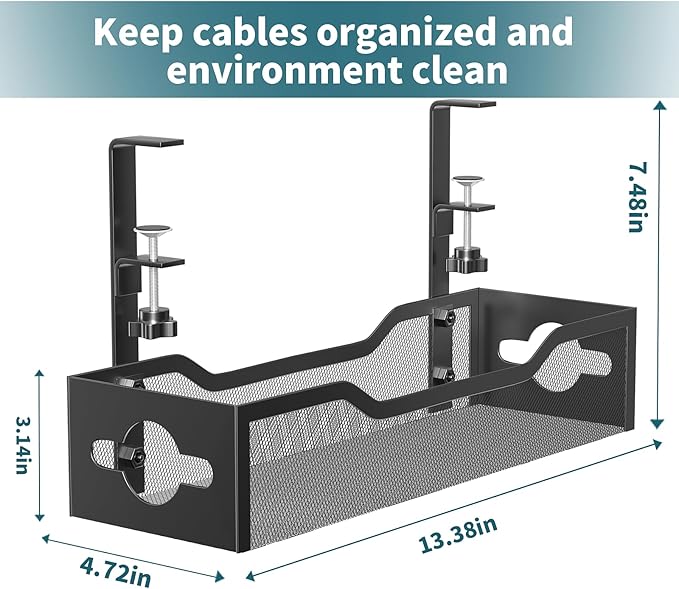 Under Desk Cable Management Tray No Drill, Metal Mesh Cable Management Under Desk with Clamp Mount, 2 Hole Cable Tray with Wire Management and Cord Organizer for Home Office Standing Desk