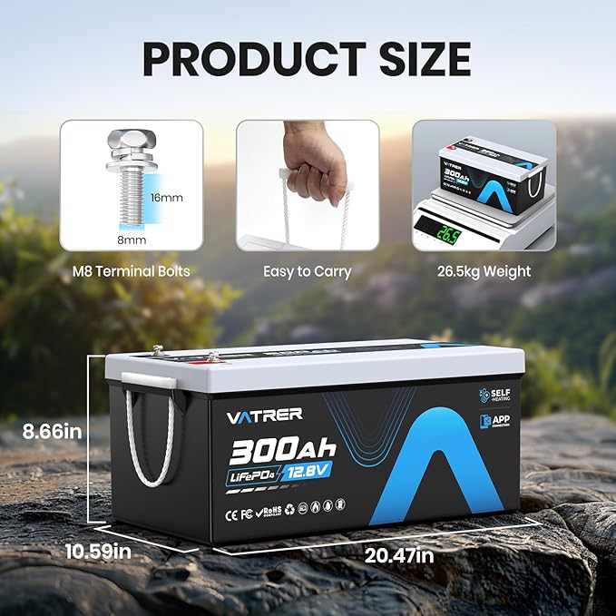 12V 300AH Bluetooth LiFePO4 Lithium Battery with Self-Heating, Built-in 200A BMS, Supports Low Temp Charging(-4°F), 5000+ Cycles, Max 2560W Power, Perfect for RV/Camper and Off-Grid Applications, etc.