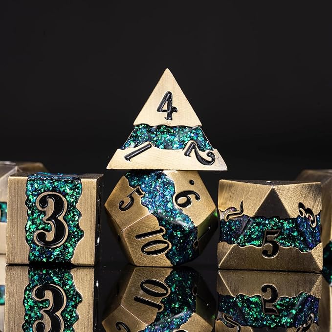 Metal RPG Dice Set,Mica Glitter Stripe Dice DND,Antique Bronze Dice 7pcs Set for Dungeons and Dragons