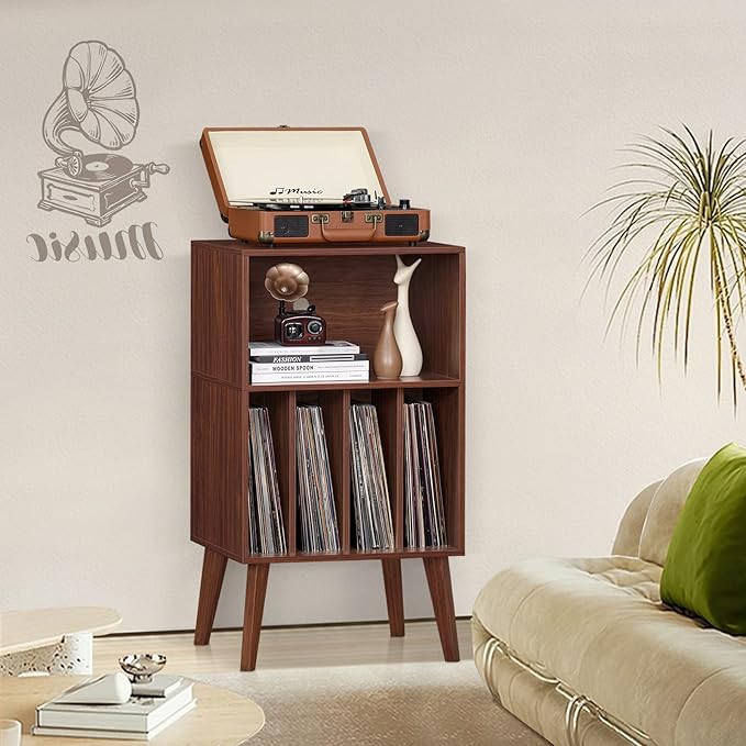 Lerliuo Record Player Stand, Walnut Turntable Stand Holds up to 160 Albums, Mid-Century Vinyl Storage Cabinet Table with Solid Wood Legs, Record Player Holder Dispaly Shelf for Bedroom Living Room