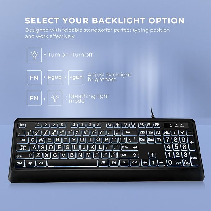 Large Print Backlit Keyboard, USB Wired Computer Keyboard, Full Size Keyboard with White Illuminated LED Compatible for Windows Desktop, Laptop, PC, Gaming, Black