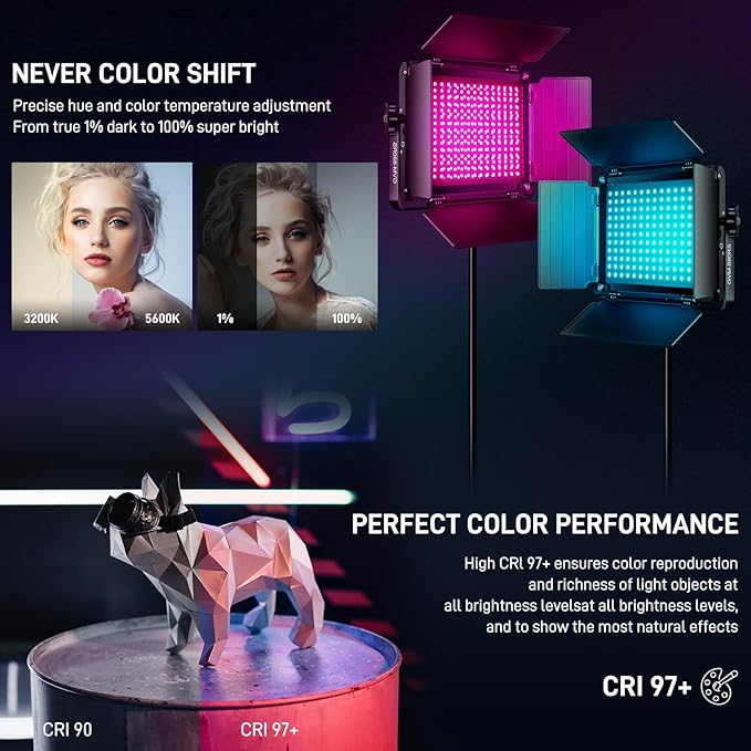 GVM RGB LED Video Light with Bluetooth Control, 60W Photography Studio Lighting Kit with Stands, 2-Packs 880RS Dimmable Led Panel Light for YouTube, Streaming, Gaming, 8 Applicable Scenes, CRI97