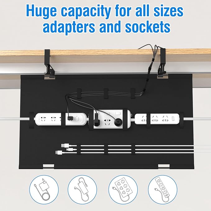 No Drill Under Desk Cable Management Tray, 36" Cord Management Tray with Cable Loop, Upgraded Oxford Fabric Wire Management for Standing Desk - No Damage to Table
