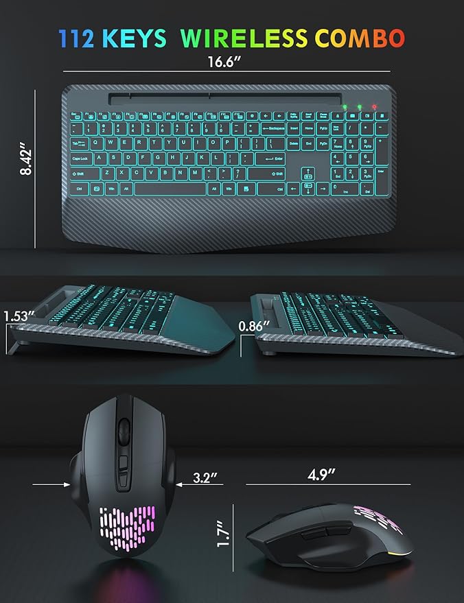 Wireless Keyboard and Mouse Backlits, Wrist Rest, Jiggler Mouse, Rechargeable Ergonomic Keyboard with Phone Holder, Silent Light Up Combo for Computer, Mac, PC, Laptop, Chromebook (Bright Gray)