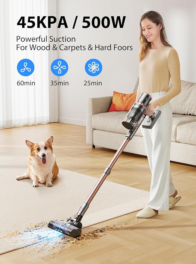 Cordless Vacuum Cleaner Handheld Vacuums 500W/45Kpa Lightweight Stick Vacuums Powerful Suction with 60min Runtime for Home Pet Hair Car