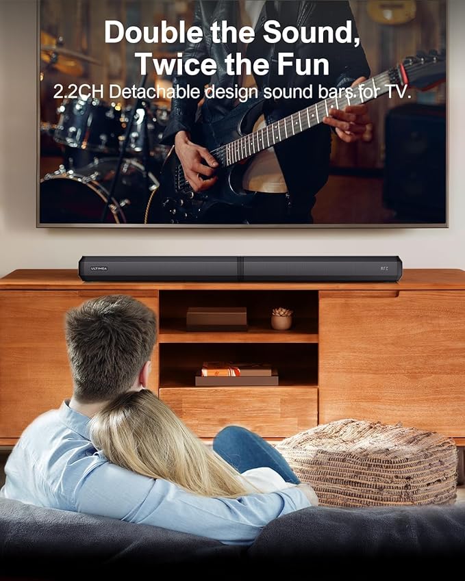 ULTIMEA 2.2ch Sound Bar for Smart TV, Peak Power 100W, 2-in-1 Detachable Sound Bar for TV, App, Bluetooth 5.3 TV Soundbar, 3 EQ Modes, BassMX Technology, HDMI-ARC/Opt/AUX, Apollo S40, 2025 Upgraded