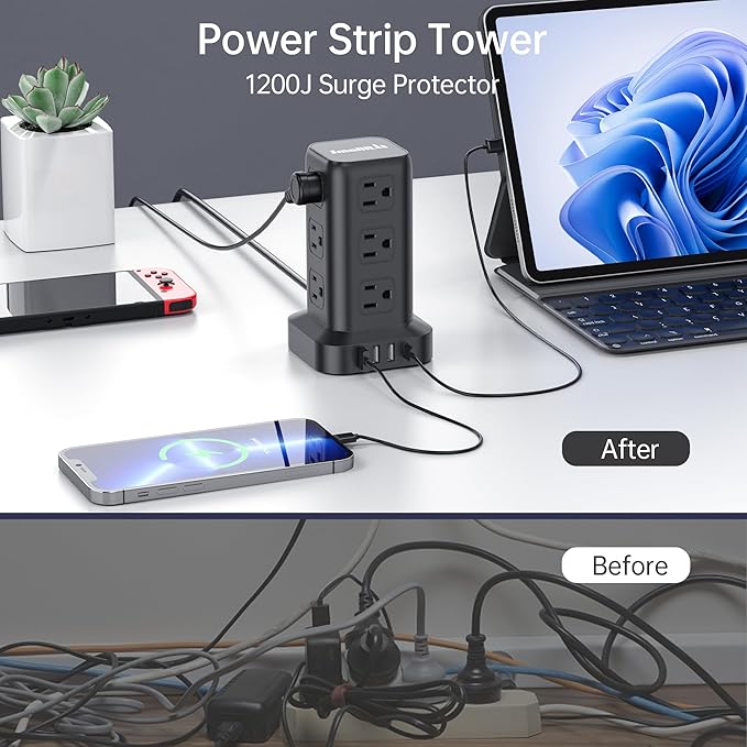 15FT USB C Power Strip Surge Protector Tower, Mini Power Strip Tower Travel 12 AC 4 USB Power Strip with USB Ports, Overload Protection for Home Office