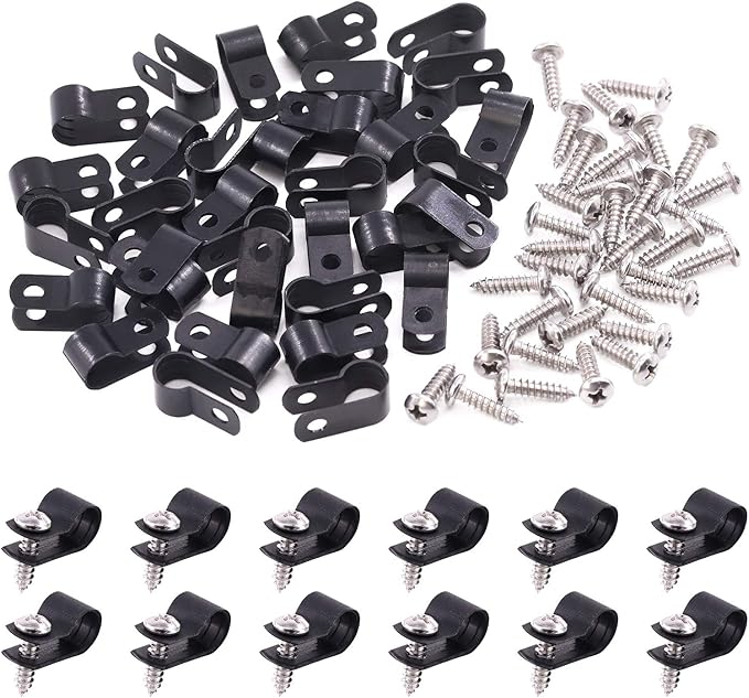 Swpeet 120 Pack Black 5/16 Inch Nylon Plastic R-Type Cable Clips Clamp Kit, Nylon Screw Mounting Cord Fastener Clips with 60 Pack Screws for Wire Management (5/16 Inch, Black)