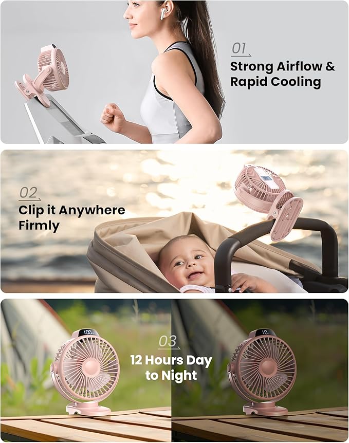 Koonie Portable Clip On Fan, Small USB Battery Operated, 3 Speed Rechargeable Mini Pink With LED Display, 360° Rotate Personal Cooling for Desk Stroller Travel Camping Golf Gym