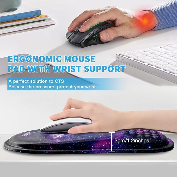 Mouse Pad with Wrist Rest, Ergonomic Mousepads with Wrist Support, Soft Lycra Fabric Memory Foam Office Desk Accessories for Comfort/Pain Relief/PC Gaming/Computer/Laptop (Purple Galaxy)