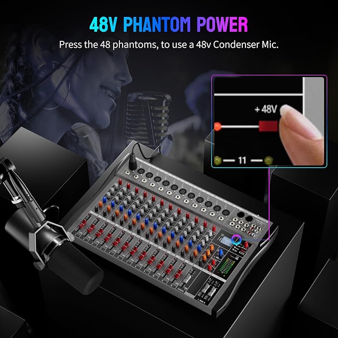 Professional DJ Audio Mixer, 12 Channel Audio Mixer, Bluetooth Sound Mixer, USB Interface, 12 XLR Mic/Line Input, AUX, FX Processor MP3, Headphone,+48V Phantom For Karaoke Studio Streaming Recording