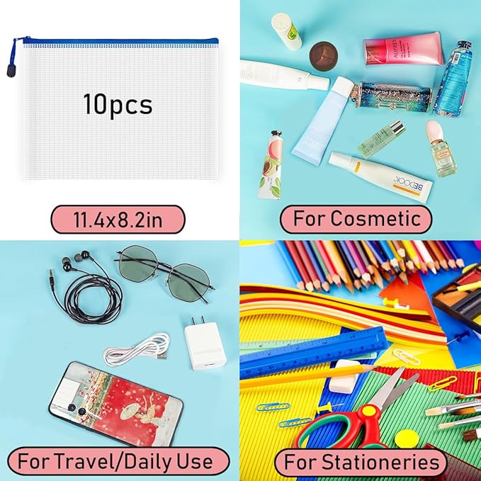AUSTARK 10 Pcs Zipper File Bags, Waterproof Plastic Mesh Pouch for Office School, Board Game Storage Bags (B5 Size 11.4''x8.2'', White and Blue)