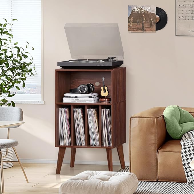 Lerliuo Record Player Stand, Walnut Turntable Stand Holds up to 160 Albums, Mid-Century Vinyl Storage Cabinet Table with Solid Wood Legs, Record Player Holder Dispaly Shelf for Bedroom Living Room