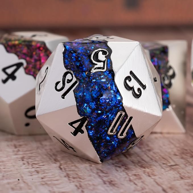 Polyhedral Metal Dice Set,7pcs Set Glitter Stripe DND Dice with Gift Box for RPG