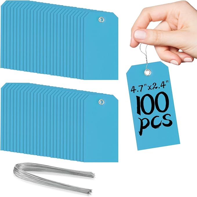 100 Plastic Shipping Tags with Wire - Waterproof, Reinforcement Hole, Durable Labels for Equipment Parts (Baby Blue, 4 3/4" x 2 3/8")